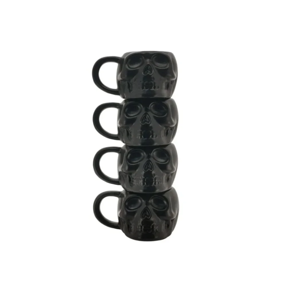NEW Skull Mug Set of 4 Stackable Mugs Dia De Los Muertos Skulls Halloween Stone